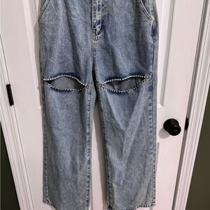 Pearl crystal slit High Rise Blue Jeans wide leg Taylor swift